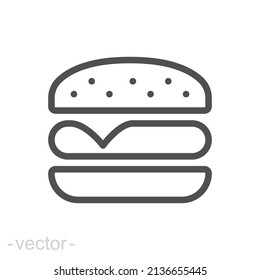 Hamburger-Ikone. Einfache Kontur. Cheeseburger, Fast Food Konzept. Vektorgrafik einzeln auf weißem Hintergrund. Bearbeitbarer Strich EPS10.