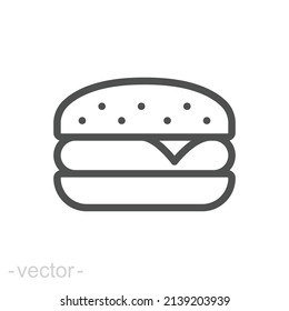 Hamburger-Ikone. Einfache Kontur. Cheeseburger, Fast Food Konzept. Vektorgrafik einzeln auf weißem Hintergrund. Bearbeitbarer Strich EPS10.