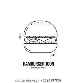 Icono de la hamburguesa con la Ilustración vectorial plana del diseño del fondo blanco. Trazo editable