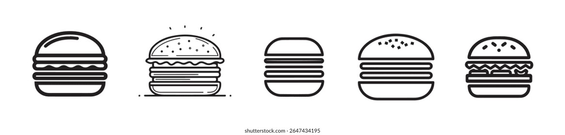 Hamburger ícones Line Art Graphics para Menu Design Restaurante Marcas e Alimentos Aplicações