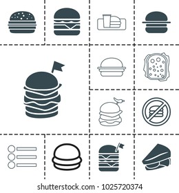 Hamburger icons. set of 13 editable filled and outline hamburger icons such as sandwich, double burger with flag, cheeseburger, no fast food, burger