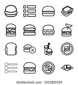 Hamburger icons. set of 16 editable outline hamburger icons such as no fast food, burger, sandwich, burger with sausage, cheeseburger