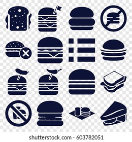 Hamburger icons set. set of 16 hamburger filled icons such as no fast food, burger, sandwich, double burger with flag, burger with pepper
