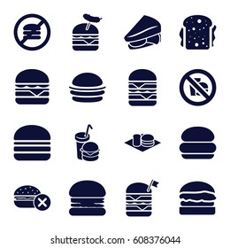 Hamburger icons set. set of 16 hamburger filled icons such as no fast food, burger, sandwich, double burger with flag