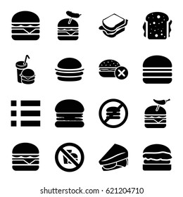 Hamburger icons set. set of 16 hamburger filled icons such as no fast food, burger, sandwich, burger with pepper, burger with sausage