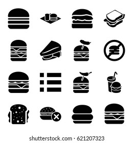 Hamburger icons set. set of 16 hamburger filled icons such as no fast food, sandwich, burger with pepper, burger with sausage, cheeseburger