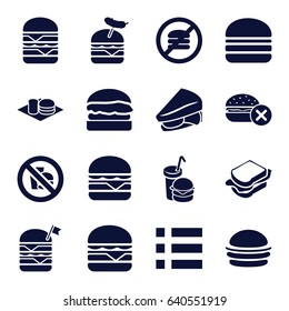Hamburger icons set. set of 16 hamburger filled icons such as no fast food, burger, sandwich, double burger with flag, burger with sausage
