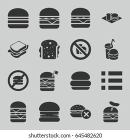 Hamburger icons set. set of 16 hamburger filled icons such as no fast food, sandwich, double burger with flag, burger with sausage, cheeseburger