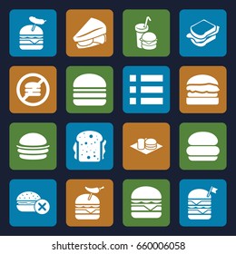 Hamburger icons set. set of 16 hamburger filled icons such as no fast food, burger, sandwich, double burger with flag, burger with pepper