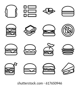 Hamburger icons set. set of 16 hamburger outline icons such as burger, sandwich, double burger with flag, burger with sausage, no fast food