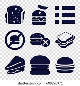 Hamburger icons set. set of 9 hamburger filled icons such as no fast food, burger, sandwich, burger with sausage
