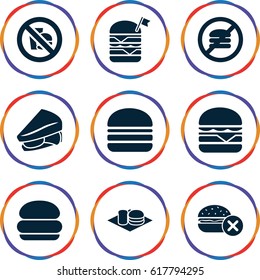 Hamburger icons set. set of 9 hamburger filled icons such as no fast food, sandwich, double burger with flag, cheeseburger, burger