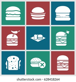 Hamburger icons set. set of 9 hamburger filled icons such as no fast food, burger, double burger with flag