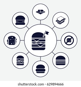 Hamburger icons set. set of 9 hamburger filled icons such as sandwich, double burger with flag, double burger