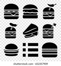 Hamburger icons set. set of 9 hamburger filled icons such as burger, sandwich, double burger with flag, burger with pepper