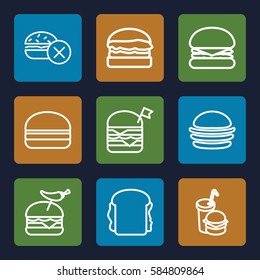 hamburger icons set. Set of 9 hamburger outline icons such as no fast food, burger, double burger with flag