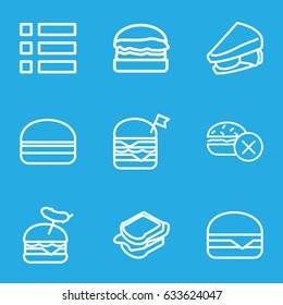 Hamburger icons set. set of 9 hamburger outline icons such as no fast food, sandwich, double burger with flag, burger with sausage, cheeseburger, burger