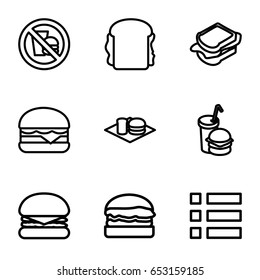 Hamburger icons set. set of 9 hamburger outline icons such as sandwich, cheeseburger, soda and burger, burger and drink, burger, no fast food