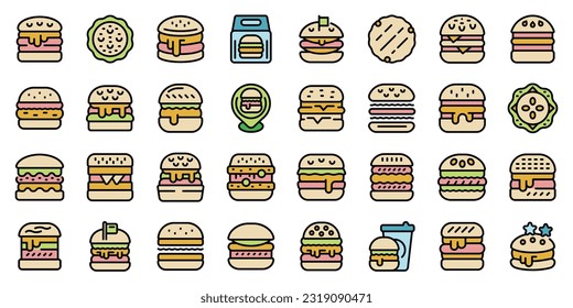 Hamburger icons set outline vector. Food burger. Triple bread thin line color flat on white