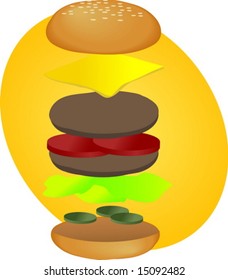 Ilustración hamburguesa, desglose en secciones, diagrama de comida rápida