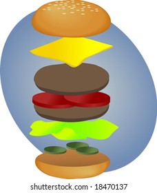 Hamburger illustration, breakdown into sections, fastfood diagram