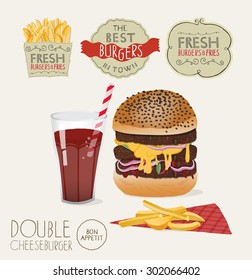 Hamburger illustration. Burger house poster. Design for the decoration of the cafe or menu. Fast food image. Hamburger banner