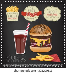 Hamburger illustration. Burger house poster. Design for the decoration of the cafe or menu. Fast food image. Hamburger banner
