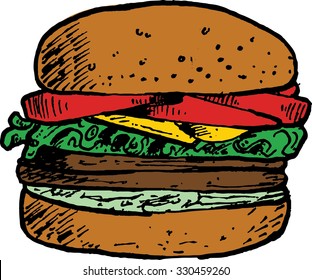 Hamburger illustration cartoon hand drawn ink and pen, junk food, food and beverage, burger