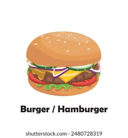 Hamburger illustration flat vector isolated on white background. Fast food. Unhealthy food.