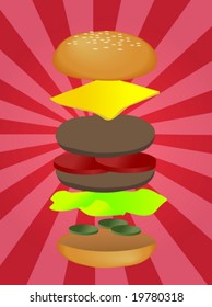 Hamburger illustration, layered burger with cheese vegetables