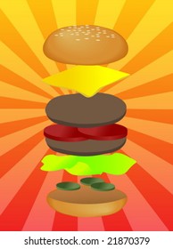 Hamburger illustration, layered burger with cheese vegetables