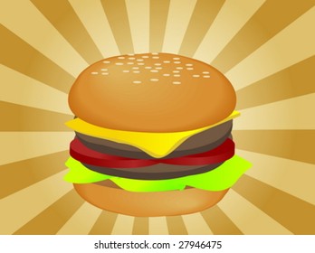 Hamburger illustration, layered burger with cheese vegetables