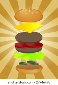 Hamburger illustration, layered burger with cheese vegetables