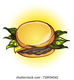 Hamburger illustration for menu design, leaflets, cafe signs.