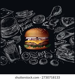 Ilustración de hamburguesa con patrón de fondo sin fisuras en estilo de Vector limpio y moderno.
Ideal para el empaquetado de la comida rápida, marca del restaurante, diseño del menú, materiales de la entrega de la comida, papel de embalaje, y diseños promocionales.
Adecuado tanto para uso digital como impreso, incluyendo empaques, carteles, volantes y fondos.
Gráfico de Vector totalmente editable, escalable y de alta calidad sin texto ni logotipo.