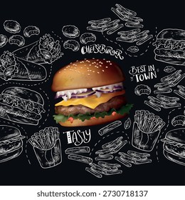 Ilustración de hamburguesa con patrón de fondo sin fisuras en estilo de Vector limpio y moderno.
Ideal para el empaquetado de la comida rápida, marca del restaurante, diseño del menú, materiales de la entrega de la comida, papel de embalaje, y diseños promocionales.
Adecuado tanto para uso digital como impreso, incluyendo empaques, carteles, volantes y fondos.
Gráfico de Vector totalmente editable, escalable y de alta calidad sin texto ni logotipo.