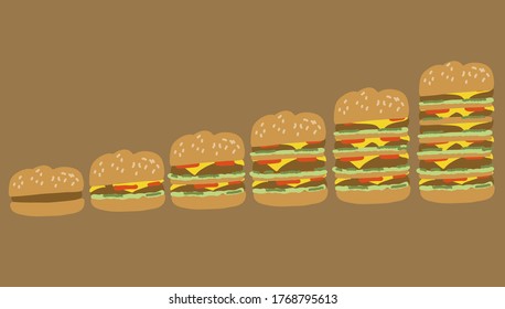 Hamburger illustrations with multiple layers. Triple doubles burgers vector. Fast food burger artworks. 