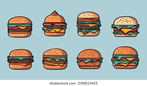 Hamburger illustrations. set of hamburger illustrations. hamburger flat illustration. fast food element flat design illustration. Hamburger flat design. burger.