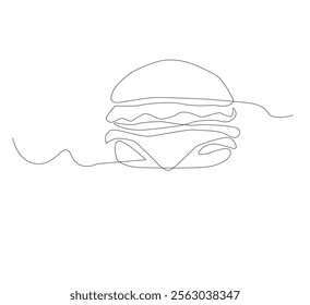 Hamburger image with one line, white background, Fast food restaurant burger silhouette with cheese, cutlet and salad. Street food logo with modern