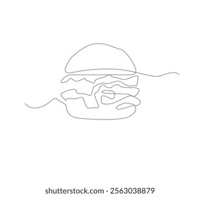 Hamburger image with one line, white background, Fast food restaurant burger silhouette with cheese, cutlet and salad. ilustrator