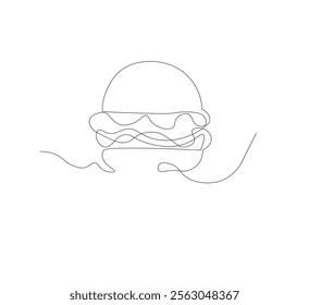 Hamburger image with one line, white background, Fast food restaurant burger silhouette with cheese, cutlet and salad. 