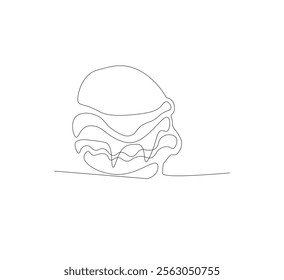 Hamburger image with one line, white background, Fast food restaurant burger silhouette with cheese.