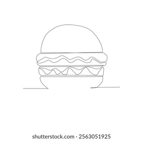 Hamburger image with one line, white background, Fast food restaurant burger silhouette with cheese, cutlet and salad.