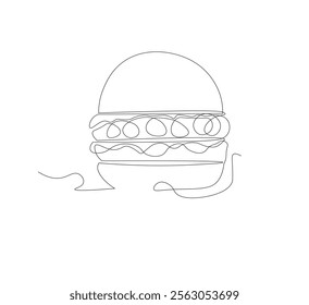 Hamburger image with one line, white background, Fast food restaurant burger silhouette with cheese, cutlet and salad. Modern design logo.