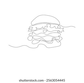 Hamburger image with one line, white background, Fast food restaurant burger silhouette with cheese, cutlet and salad.