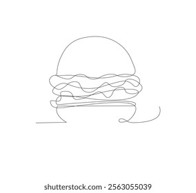 Hamburger image with one line, white background, Fast food restaurant burger silhouette with cheese, cutlet and salad.