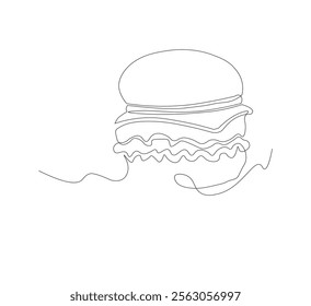 Hamburger image with one line, white background, Fast food restaurant 