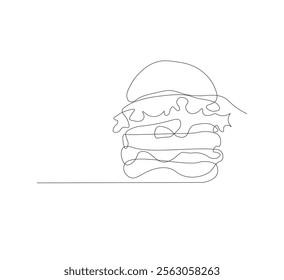 Hamburger image with one line, white background, Fast food restaurant burger silhouette with cheese, Modern design logo.