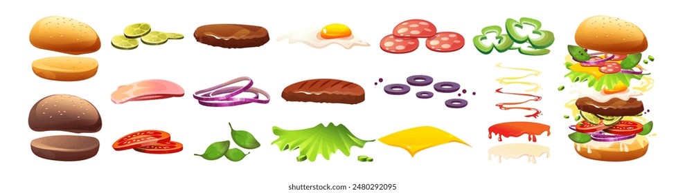 Hamburger ingredient kit for fast food constructor. Cartoon vector illustration set of sandwich elements - bun and meat cutlet, sliced vegetables and sauces, cheese and egg. Burger maker component.