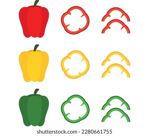 Hamburger ingredient and Pizza Topping. Red, Green, and Yellow Paprika and bell pepper sliced in different forms. Vector illustration cartoon flat icon isolated on white background